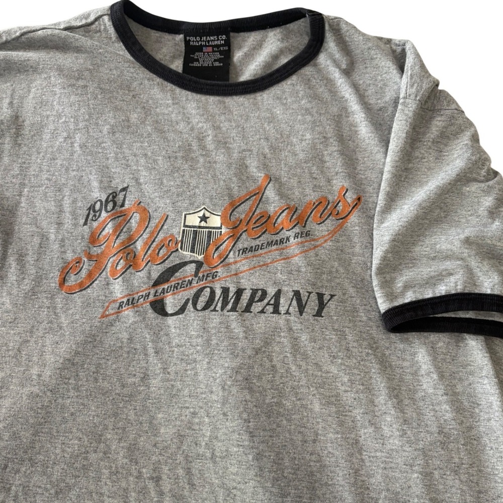 Vintage Polo Jeans Co Ralph Lauren Ringer Tee XL Gray Orange 1967 Graphic 90s